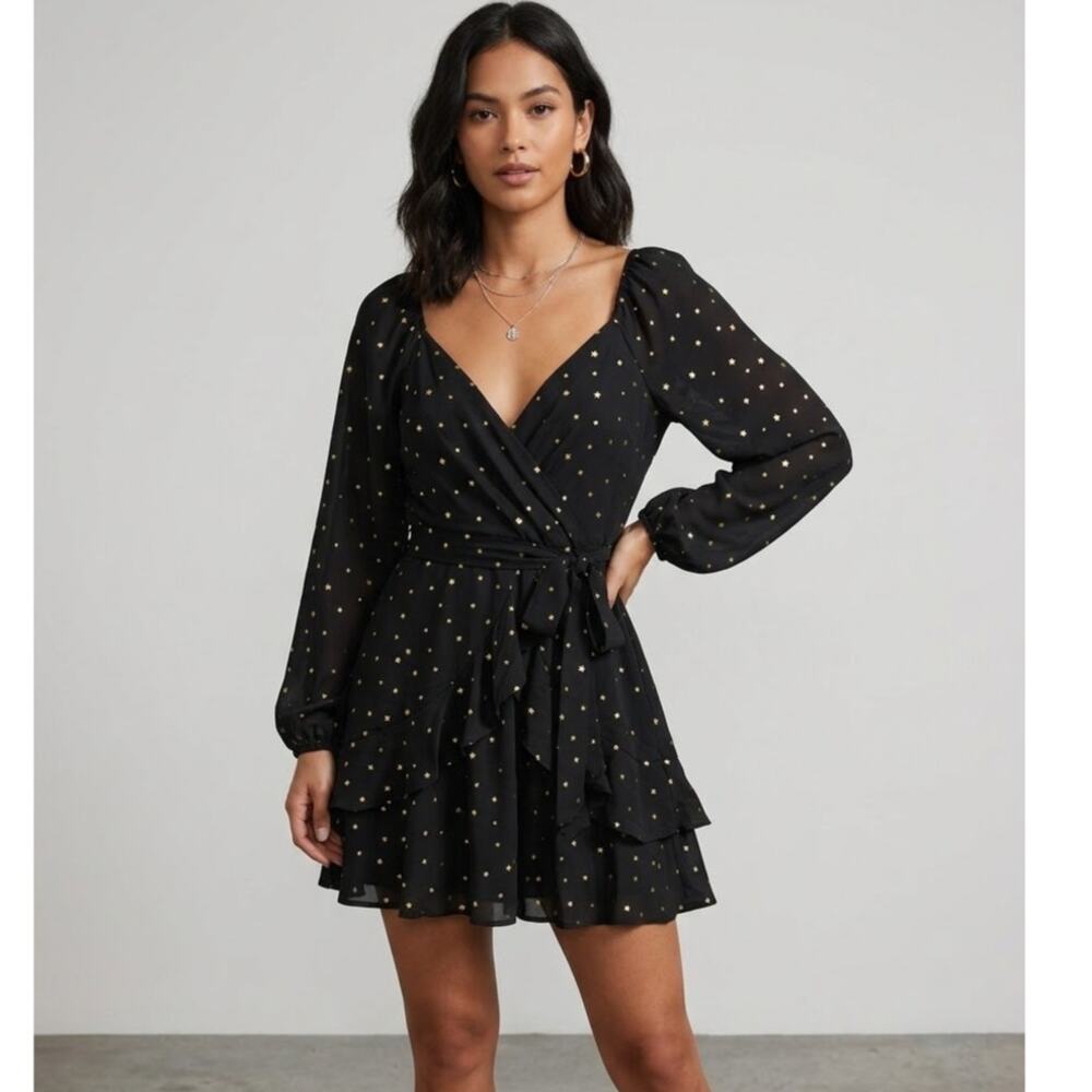 Black Gold Star Metallic Foil Print Ruffle Mini Dress Long Sleeve V-Neck XS